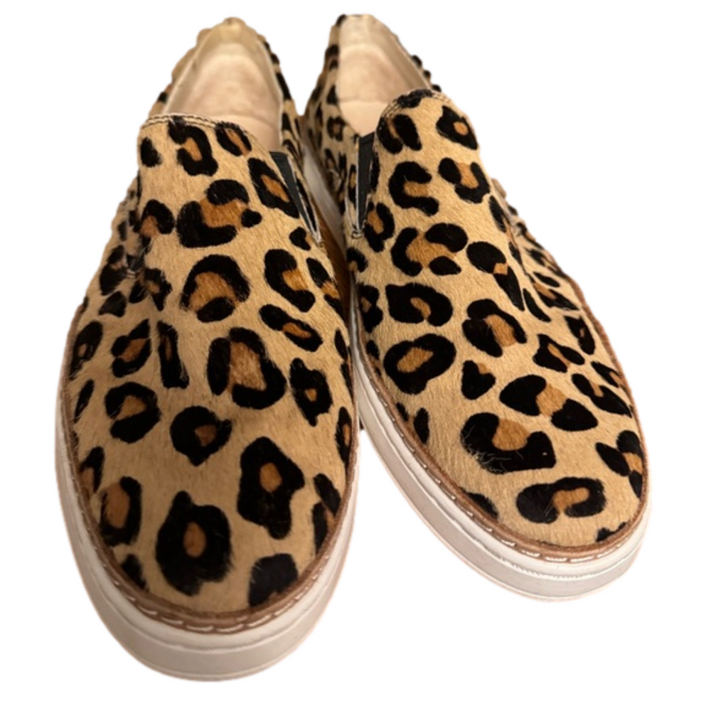UGG Womens Keile Slip On Sneakers Beige Calf Hair Leopard Print Slip On Shoe 7.5 - Picture 1 of 6